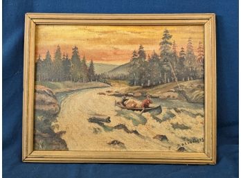 Rustic Antique Western Mountain J. O. Lindberg Painting Of Two Men In A Canoe Forging The Rapids