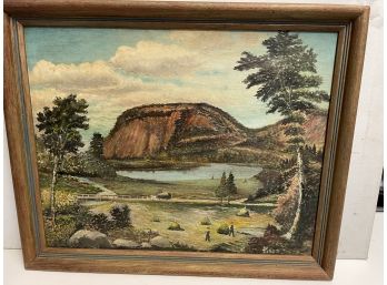 Antique Primitive Oil Painting Of East Rock New Haven Ct. Folk Art Style . 16x20 Oil On Canvas