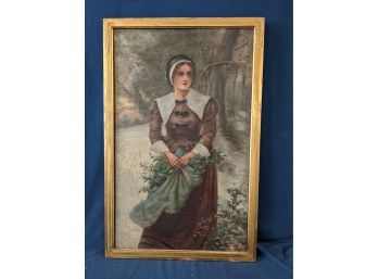 Vintage 'Gathering Holly' Victorian Oil On Canvas Painting After E.P. Moran 'A Fair Puritan'