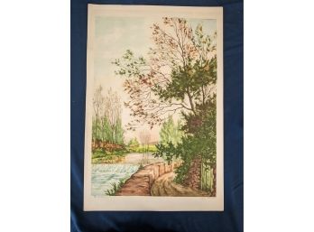 Paris Etching Society Paul Grandville Color Etching Autumn Landscape With Waterfall 'Fall Landscape III'