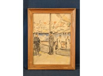 Watercolor Painting Of  (French?) Sailors On The Docks