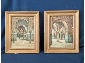 Pair Of Signed Spanish Paintings By A. Liger Of Sevilla Moorish Palace Interiors