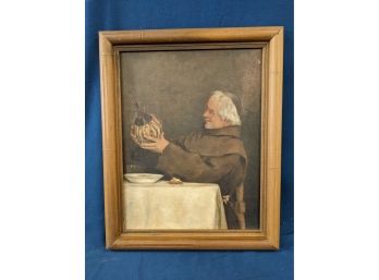 Antique Oil On Canvas Monk And Wine Painting