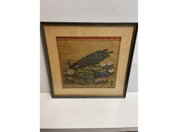 Vintage 1930s Japanese Framed  Woven Silk Of  Peacocks. Signed In Japanese Also Yamaha . Textile