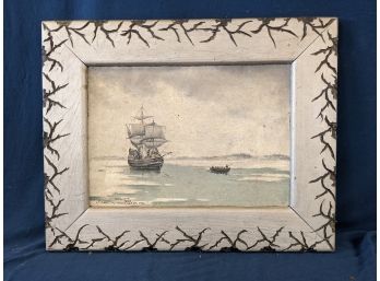 Signed Antique Oil On Tin Painting Of The Mayflower Ship