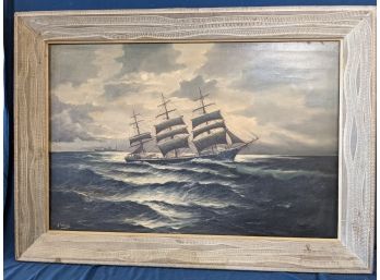 Signed Oil On Canvas By Listed Artist Alfred Gabali Ship Painting - Framed