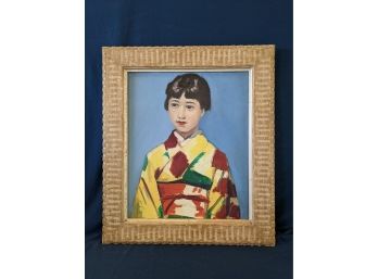 Oil On Canvas Portrait Painting Of A Woman Framed In A Mid Century Frame