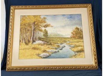 LARGE Watercolor Painting By Local Artist Bill Ely ~ Soft Golden Landscape