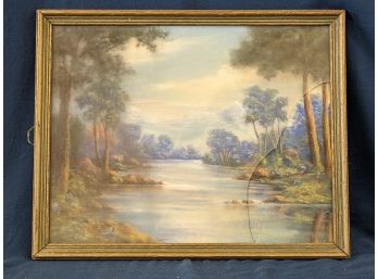 Lovely Antique Pastel Landscape Painting With Stream