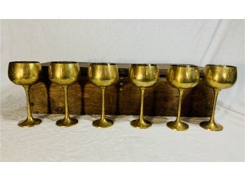 6 Gold (BRASS) Goblets  With Wooden Box