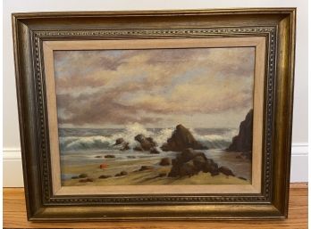 A. Wasicki '72 Rocky Beach Original Oil On Canvas Painting With Brushed Golden Wood Frame