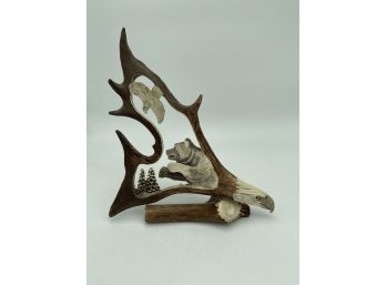 Hand Carved Caribou Shovel Antler With Bear Bust And Eagle Head On Base