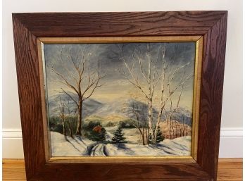 M. Olivere '61 Original Oil On Canvas Scenic Winter Painting With Wooden Frame