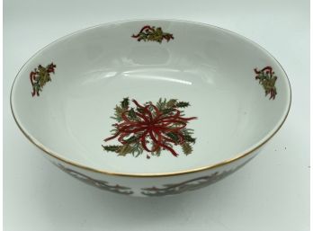 Christmas Garland 1994 White Bowl With Mistletoe Design Gold Rim