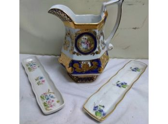 Three Limoges Pieces *Pitcher & Two Small Trays*