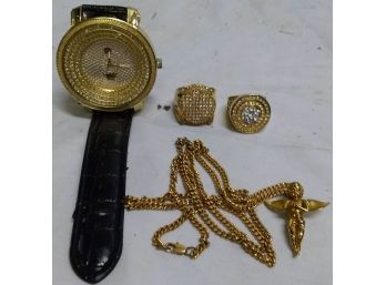 Techno Pave Watch, Two Rings And Necklace