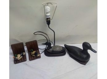 Duck Bookends, Lamp, And Decoy Figure