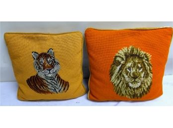 Lion And Tiger Hand Needlepoint Pillows