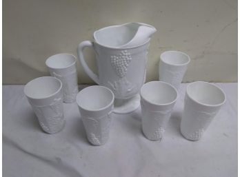 Set Of Vintage Milk Glass Pitcher And Cups