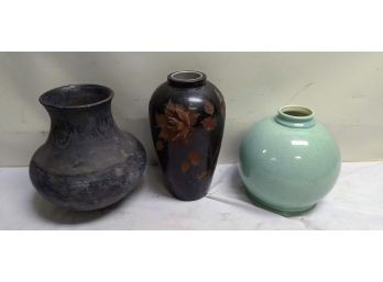 Three Vases *Hand Carved Wooden* Ceramic, Etc.