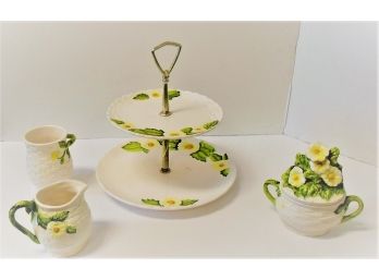 Vintage Early Lefton's Rustic Two Tier Dessert Plate, Creamer, Sugar Bowl And Jar Basketweave With Daisies