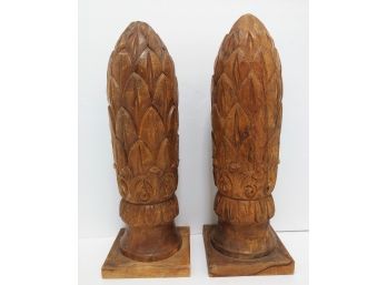 Pair Of  Vintage Carved Wooden 17' Artichoke  Architectural Finials