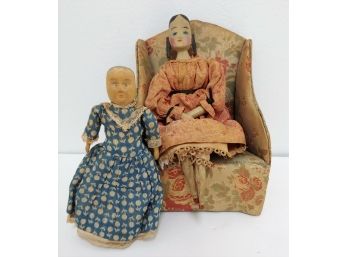 Pair Of Antique Handpainted Carved Wooden Dolls With Original Clothes & Chair