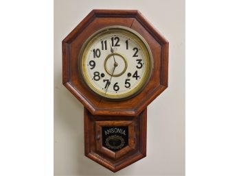 Antique Ansonial Schoolhouse 8 Day Wall Clock With Reverse Painted Glass & Key  Working Condition
