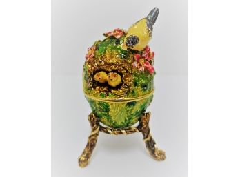Keren Kopal Jewel Decorated Faberge Egg Plated In 24k Gold Feeding Nesting Baby Birds