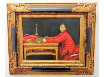 Beautiful Modern Kneeling Woman Drinking Tea Oil Painting In Gorgeous Frame