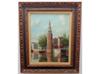Listed Artist George Jan Dispo (1922 - 1973) Montelbaanstoren Amsterdam Canal Oil Painting
