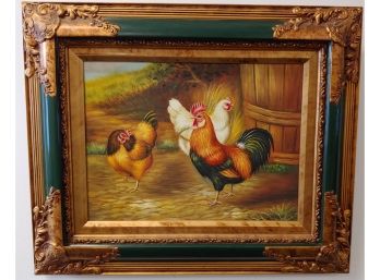 Nice Modern Roosters Oil Painting In Gorgeous Frame