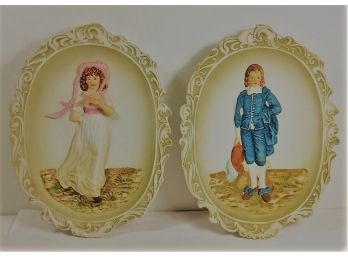 Vintage Lefton China Blue Boy And Pinkie Bisque Raised Wall Plaques