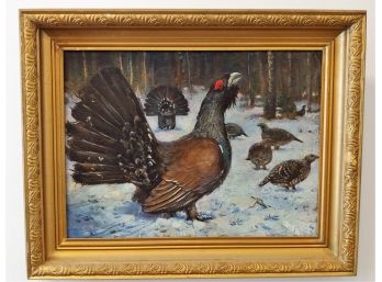 Signed Impressionist Wild Turkeys Oil Painting