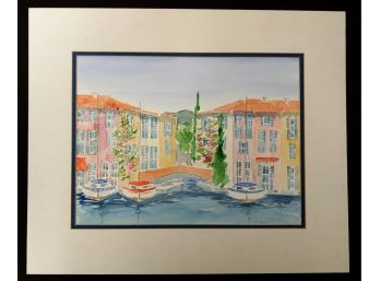 Italian Watercolor Painting With Boats Near Houses Signed