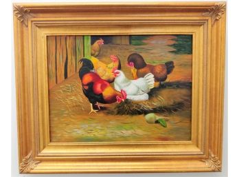 Gathering Roosters Oil Painting In Nice Gilt Frame