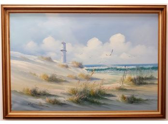 Large Coastal Beach With Lighthouse Oil Painting Signed