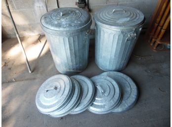 Pair Of Vintage Galvanized Trash Cans With Extra Tops