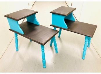 Mid-century Meets Shabby Chic: Pair Of Two-tier Painted Wood End Tables