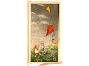 Vintage Mid-century Modern Original Framed Artist-signed Oil Painting - Children Flying Kite