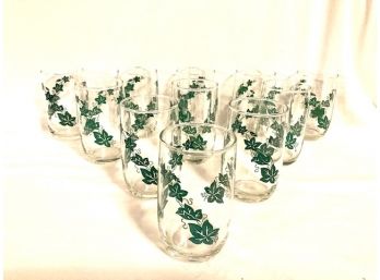 Set Of Eleven Vintage Juice Glasses With Ivy Vine Design