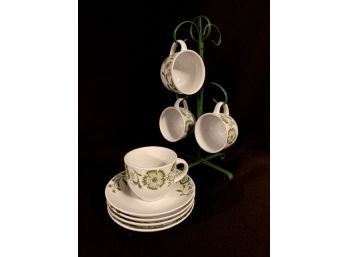 Adorable Green And White Demitasse/cappuchino Set With Hanging Tree