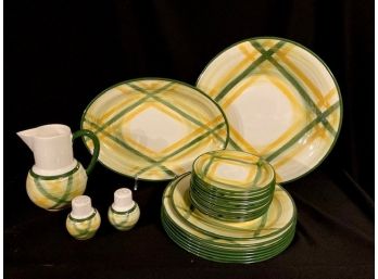 Fantastic Grouping Of Mid-Century Vernonware Green And Yellow Patterned Dishware