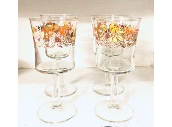 Set Of Four Vintage Flower Power Wine Glasses