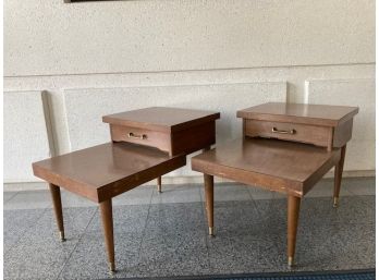 Pair Of Mid-century Mersman Single-drawer Two-tier Step End Tables