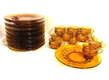 Vintage Mid-century Modern Color Crown Dark Amber Snack Sets By Colony Glass