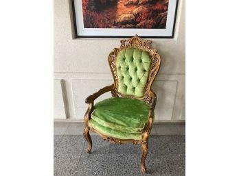 Vintage Mid-century Modern French Provincial Lime Green Tufted-back Armchair