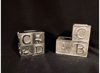 Pair Of Vintage Silver Plated Figural Baby Blocks 'piggy Bank'