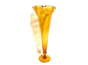 Large Vintage Amber Glass Fluted Ribbon-top Vase