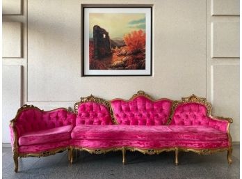 Vintage Mid-century Modern French Provincial Pink Velour Two-piece Sectional Sofa